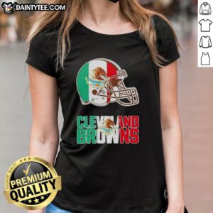 Alt Text: Ladies tee featuring the Cleveland Browns football logo blended with the Mexican flag design.