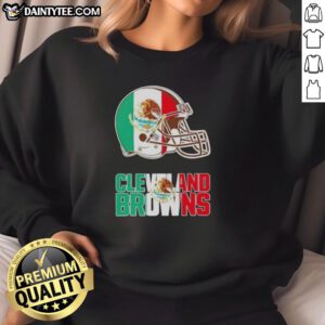 Alt Text: Cleveland Browns football sweatshirt featuring a unique design with the Mexican flag logo. Perfect for fans!
