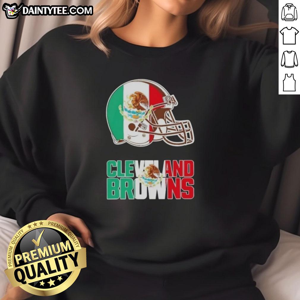 Alt Text: Cleveland Browns football sweatshirt featuring a unique design with the Mexican flag logo. Perfect for fans!