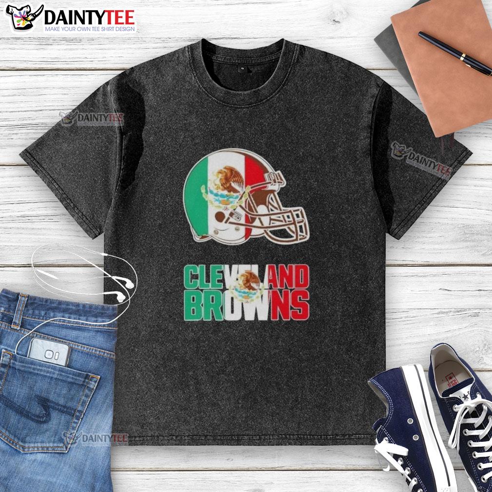 Alt Text: Cleveland Browns football logo with Mexican flag design on a washed t-shirt, perfect for fans.