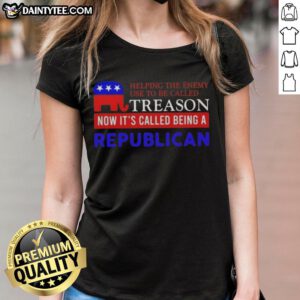 Good Helping The Enemy Tee: Political satire shirt for Republicans, featuring bold text on a stylish ladies' tee.