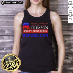 Graphic tank top featuring the phrase 'Good Helping The Enemy' with a political theme, highlighting modern Republican views.