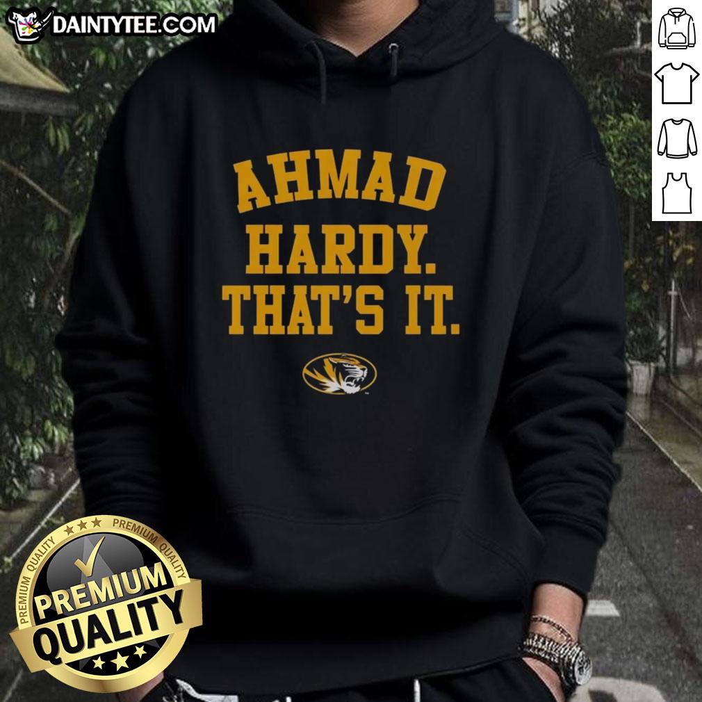 Ahmad Hardy wearing a Good Mizzou Tigers hoodie, showcasing team spirit and style at a football game.