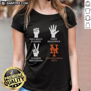 Good New York Mets ladies tee featuring 'Nothing Beats Rock, Paper, Scissors' design for fans and casual wear.