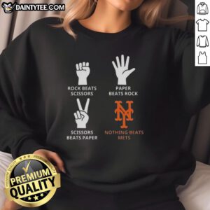Alt Text: Good New York Mets sweatshirt featuring 'Nothing Beats Rock, Paper, Scissors' design in vibrant colors.
