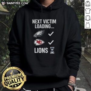 Alt Text: Good Next Victim Loading hoodie featuring lions and an hourglass design, perfect for stylish streetwear.