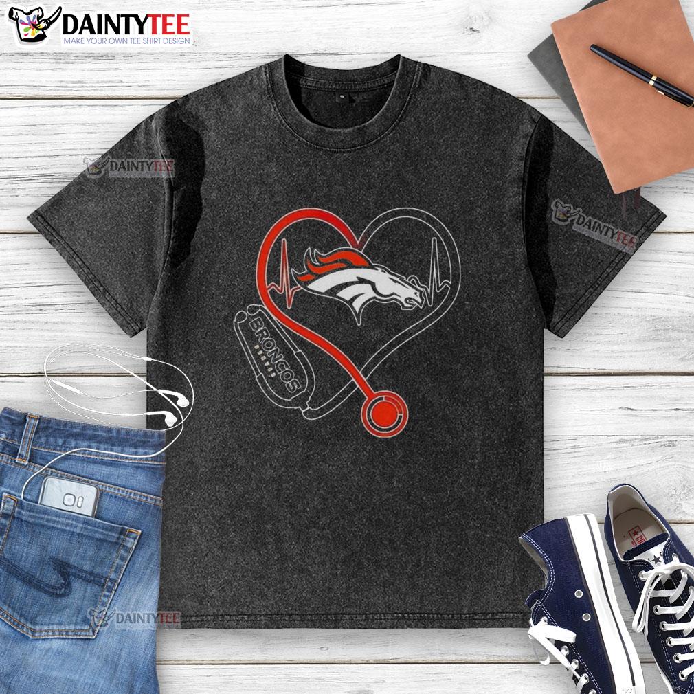 Alt Text: Good Nurse Love Denver Broncos washed t-shirt featuring team colors and logo, perfect for fans and nurses.