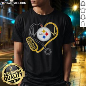 Good Nurse Love Pittsburgh Steelers T-Shirt featuring a heart design, perfect for nurses and Steelers fans.