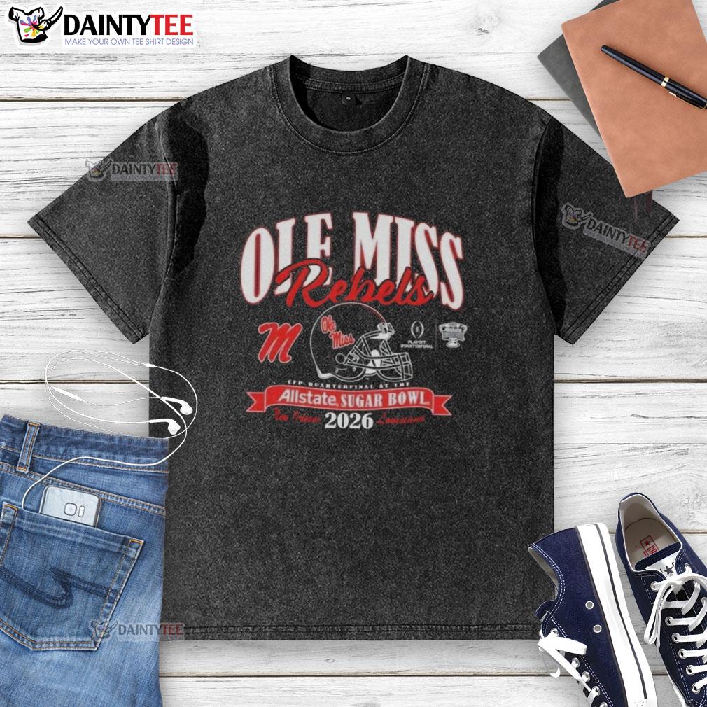Good Ole Miss Rebels College Football Playoff 2026 Sugar Bowl washed t-shirt in navy blue with vintage logo design.
