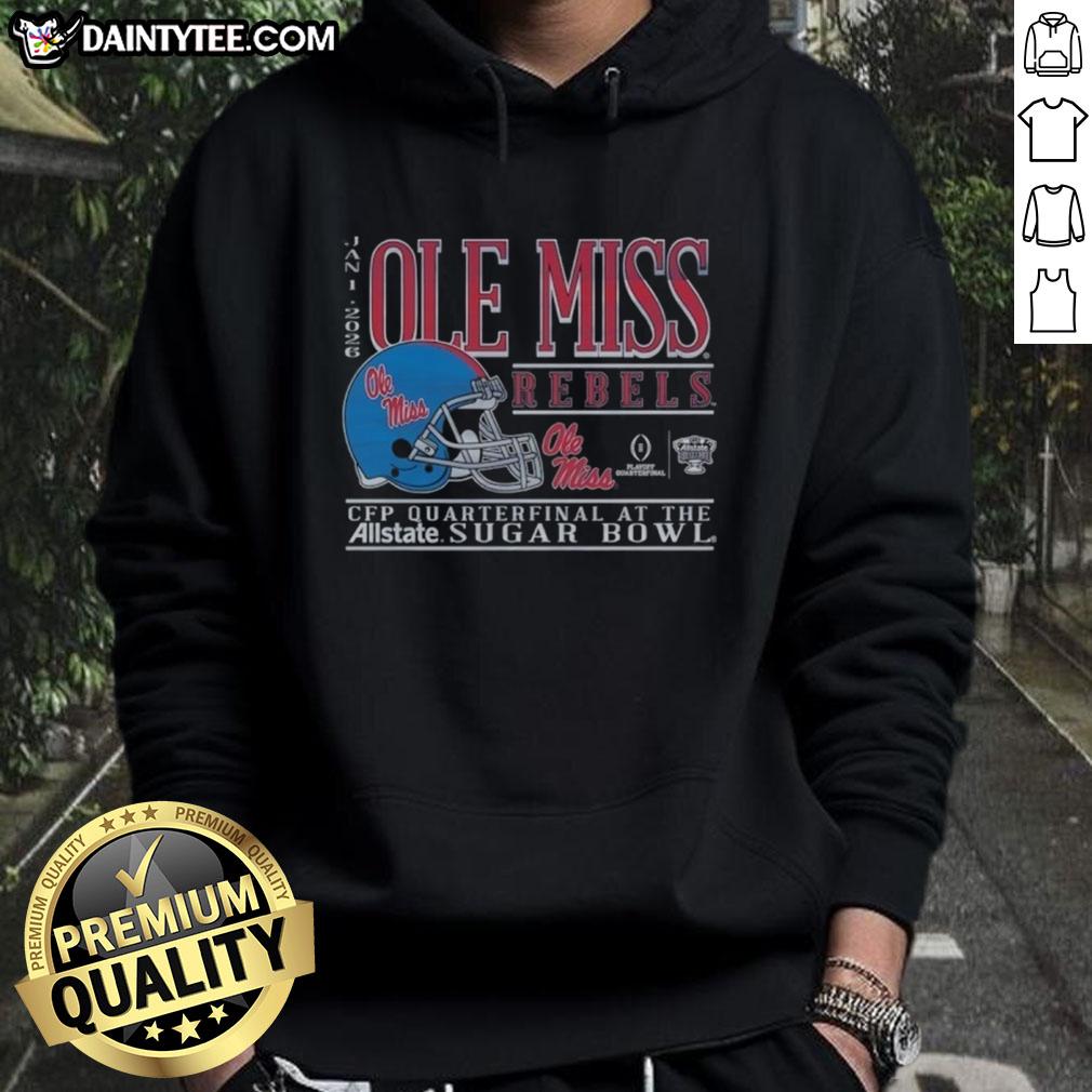 Alt Text: Good Ole Miss Rebels Football 2025 Allstate Sugar Bowl CFP Quarterfinal hoodie featuring team helmet design.