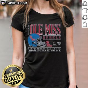 Alt Text: Good Ole Miss Rebels Football 2025 Sugar Bowl CFP Quarterfinal helmet on a ladies tee, showcasing team spirit.