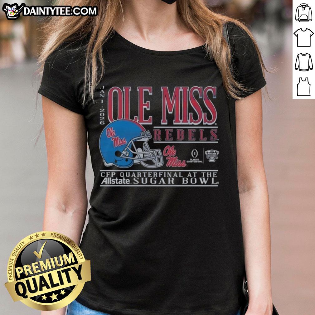 Alt Text: Good Ole Miss Rebels Football 2025 Sugar Bowl CFP Quarterfinal helmet on a ladies tee, showcasing team spirit.