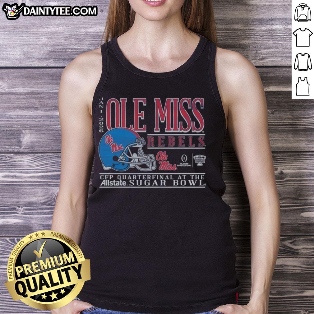 Alt Text: Good Ole Miss Rebels Football 2025 Allstate Sugar Bowl CFP Quarterfinal tank top featuring team logo and colors.
