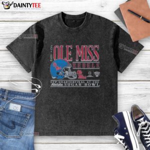 Alt Text: Good Ole Miss Rebels football 2025 Allstate Sugar Bowl CFP quarterfinal helmet on a washed T-shirt.