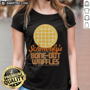 Good Schmoofys Bone Out Waffles logo on a stylish ladies tee, perfect for dog lovers and casual wear.
