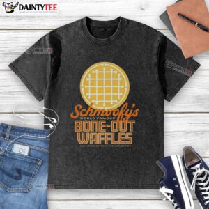 Alt Text: Good Schmoofys Bone Out Waffles logo on a stylish washed t-shirt, perfect for casual wear and dog lovers.