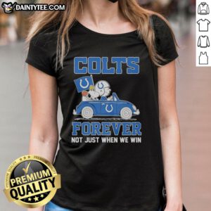 Good Snoopy and Woodstock riding Indianapolis Colts car, perfect for fans. Ladies tee celebrating team spirit!