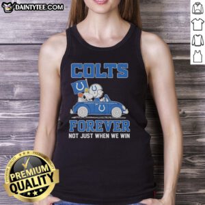 Alt Text: Snoopy and Woodstock riding an Indianapolis Colts car in a colorful tank top, celebrating team spirit year-round.