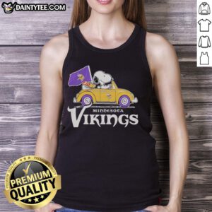 Good Snoopy and Woodstock riding in a Minnesota Vikings football car logo tank top, perfect for NFL fans.