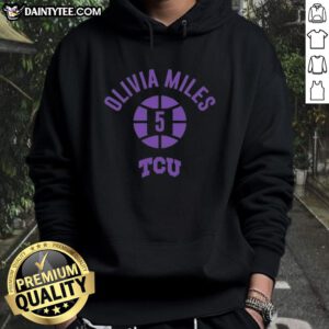 Olivia Miles wearing a TCU Horned Frogs hoodie, showcasing her name and number 5, holding a basketball.