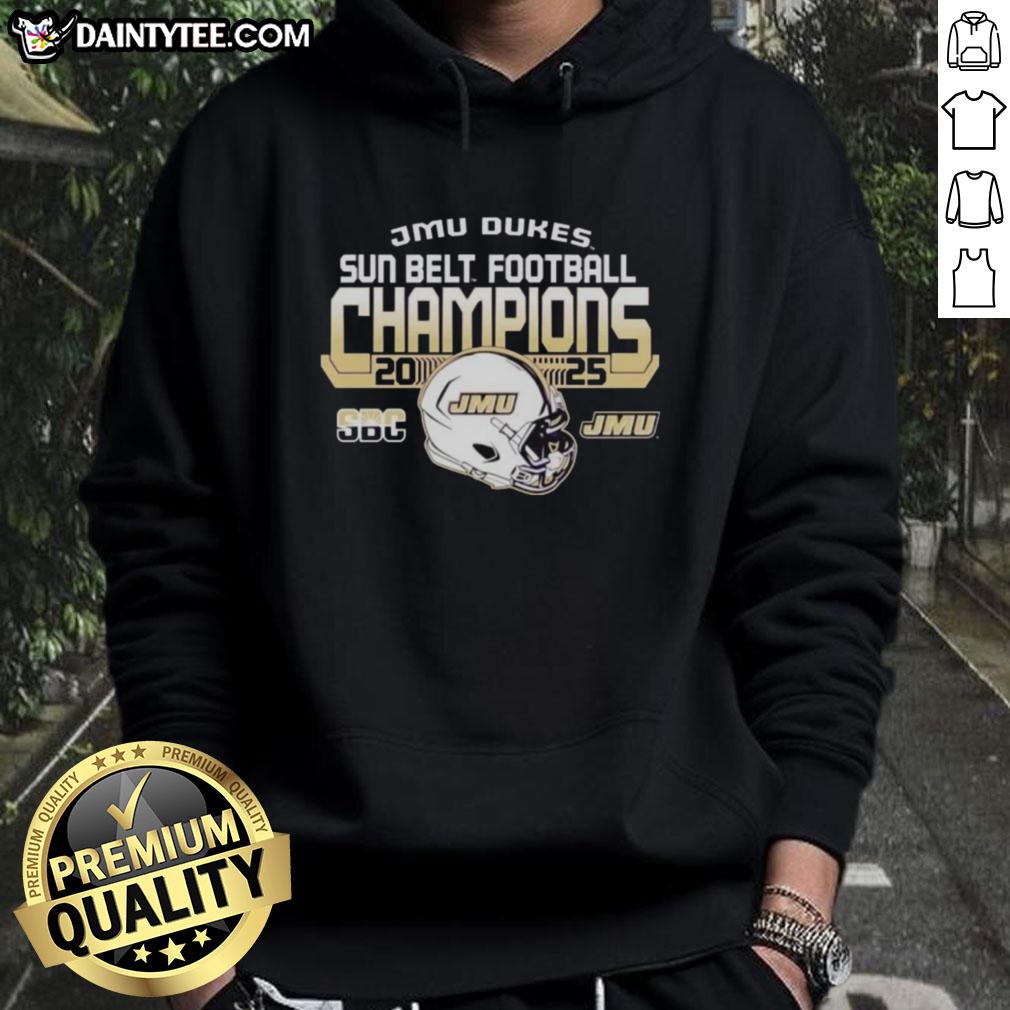 Alt Text: 2025 Hot James Madison University Dukes Sun Belt Football Champions hoodie in navy blue with team logo.