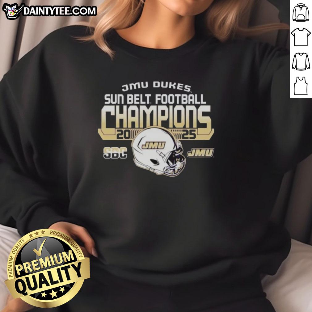 Hot James Madison University Dukes Sun Belt Football Champions 2025 Sweatshirt featuring team colors and logo.