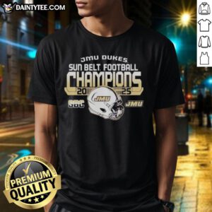 2025 Hot James Madison University Dukes Sun Belt Football Champions T-Shirt showcasing team pride and victory.