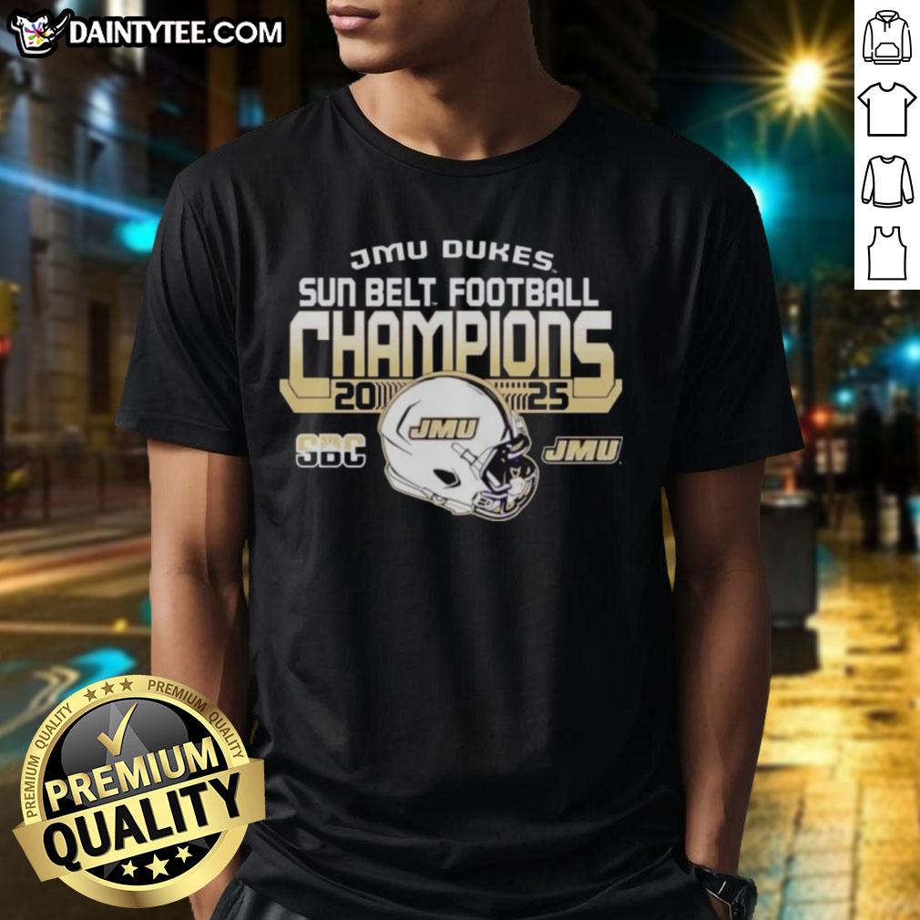 2025 Hot James Madison University Dukes Sun Belt Football Champions T-Shirt showcasing team pride and victory.