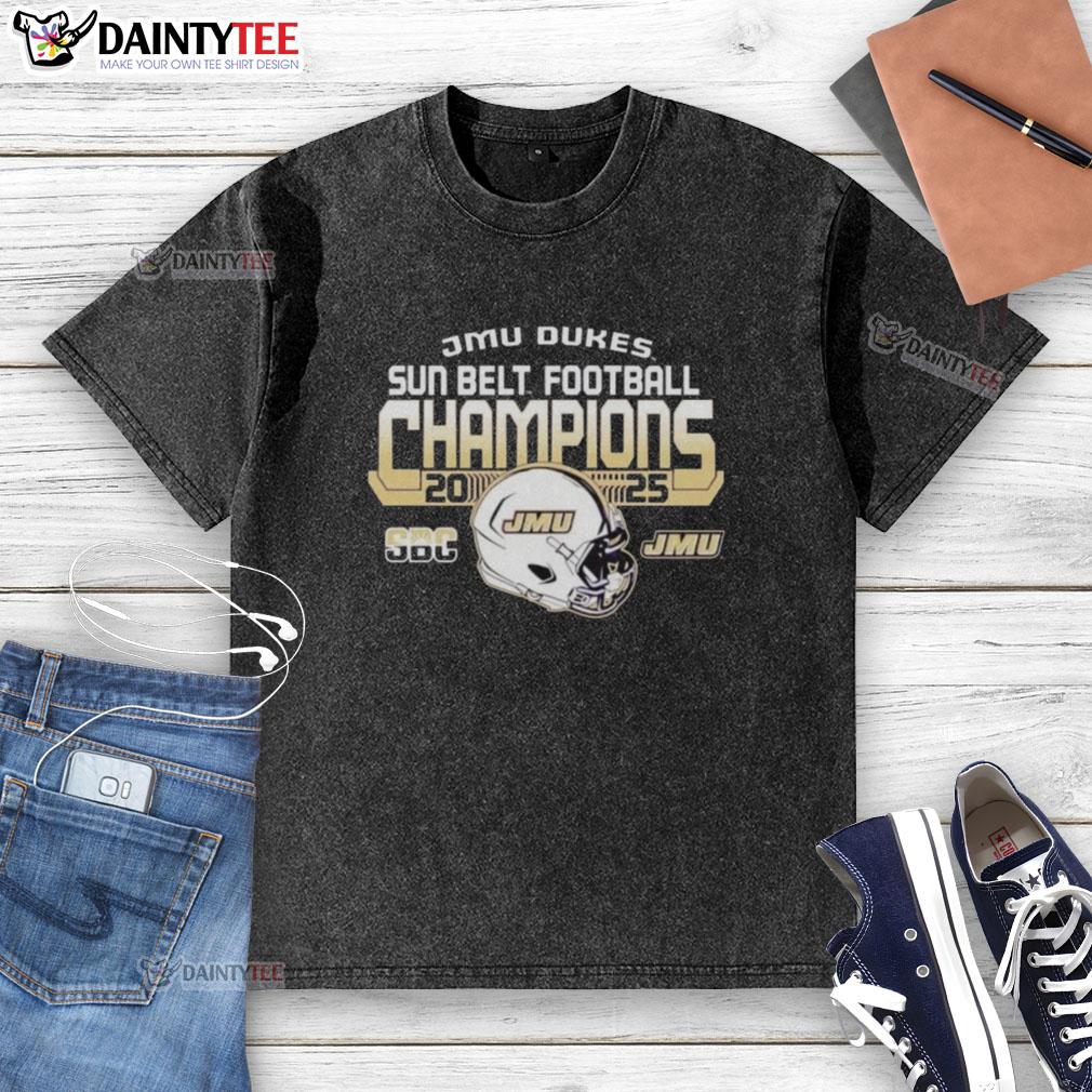 2025 James Madison University Dukes Sun Belt Football Champions washed t-shirt featuring team logo and vibrant colors.