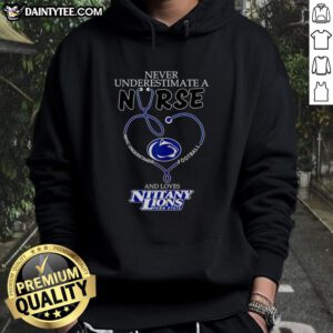 Hot hoodie featuring 'Never Underestimate A Nurse' design, perfect for Penn State Nittany Lions football fans.