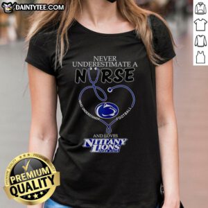 Hot women's tee featuring 'Never Underestimate a Nurse Who Loves Penn State Nittany Lions' design.
