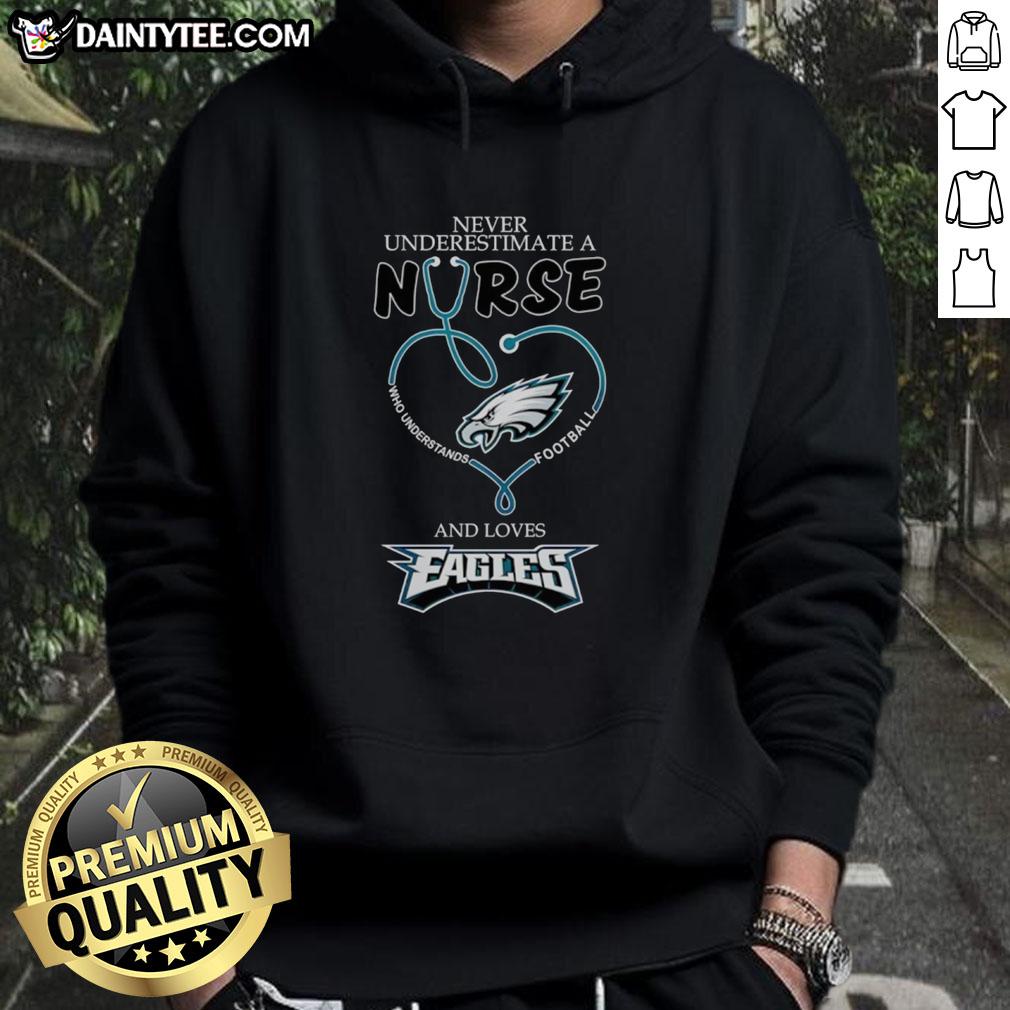 Alt Text: Hot hoodie featuring 'Never Underestimate a Nurse Who Loves Eagles' design, perfect for Philadelphia Eagles fans.