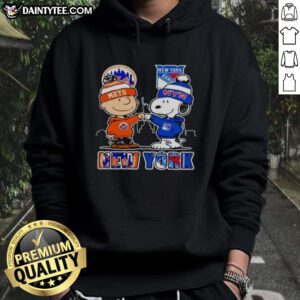 Hot New York Mets and New York Rangers Snoopy hoodie featuring vibrant team colors and playful Snoopy design.