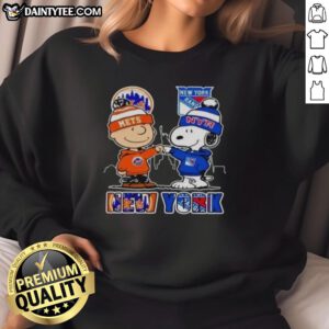 Hot New York Mets and New York Rangers Snoopy sweatshirt featuring vibrant team colors and iconic Snoopy design.