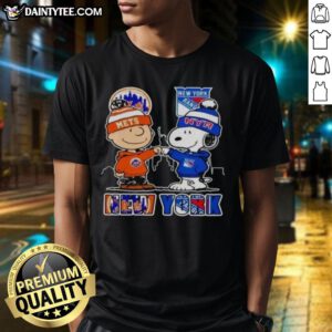 Hot New York Mets New York Rangers Snoopy T-Shirt featuring vibrant graphics of Snoopy in team colors for sports fans.