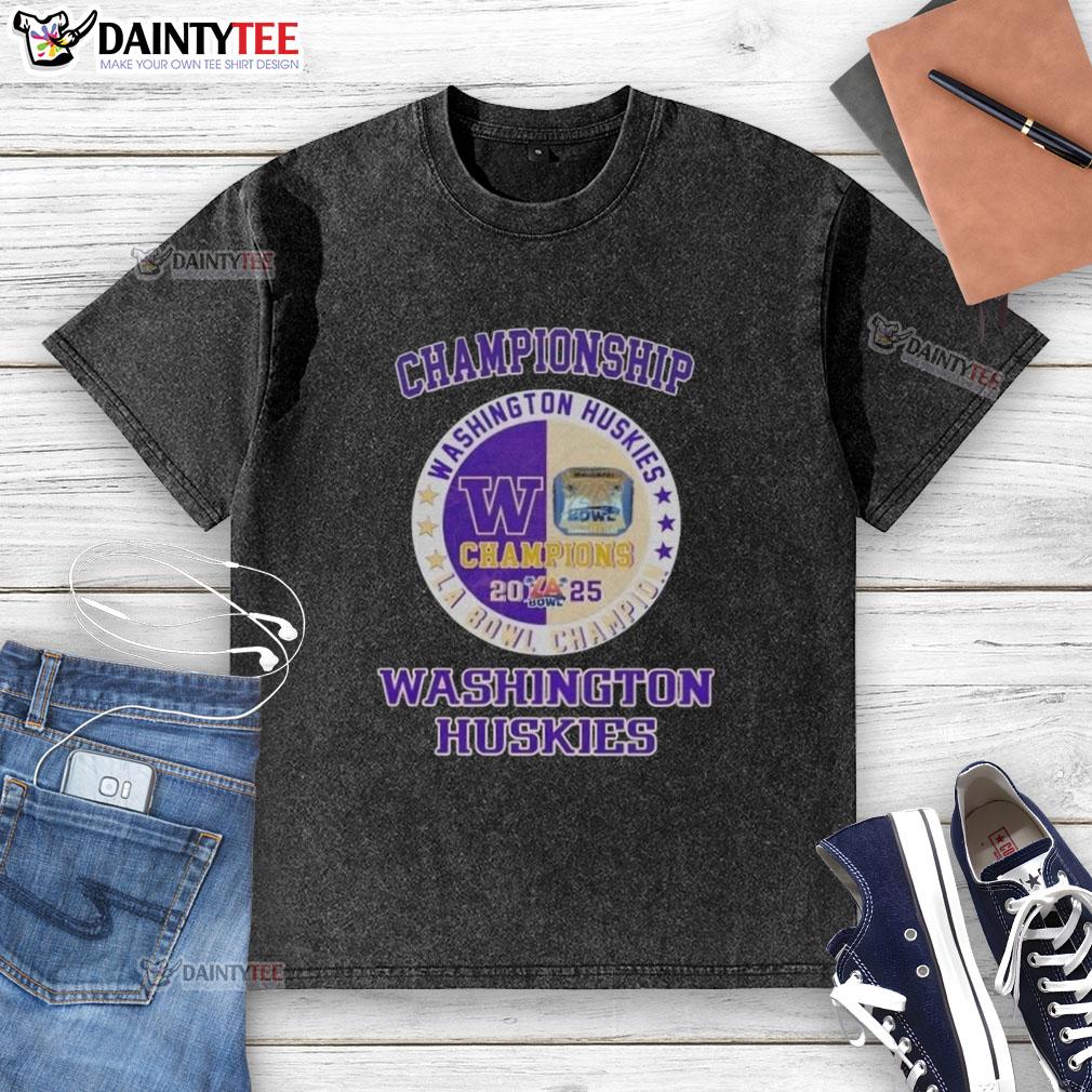 Washington Huskies La Bowl 2025 Championship washed t-shirt featuring team logo and vibrant colors for fans.
