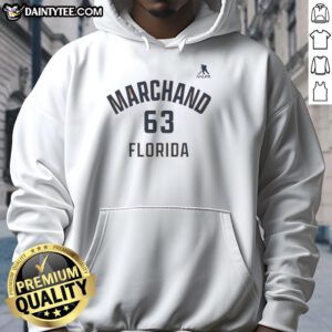 Nice Brad Marchand Florida Panthers Ice Hockey hoodie featuring name and number 63 in vibrant colors.