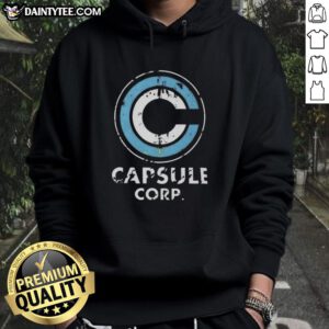 Alt Text: Nice Capsule Corp. Distressed Logo Dragon Ball Z Hoodie featuring iconic design and comfortable fit for fans.