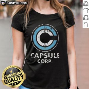 Nice Capsule Corp. distressed logo on Dragon Ball Z ladies tee, featuring a stylish design for anime fans.