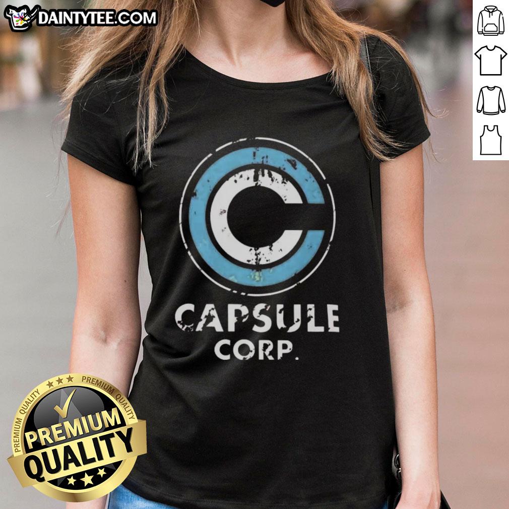 Nice Capsule Corp. distressed logo on Dragon Ball Z ladies tee, featuring a stylish design for anime fans.