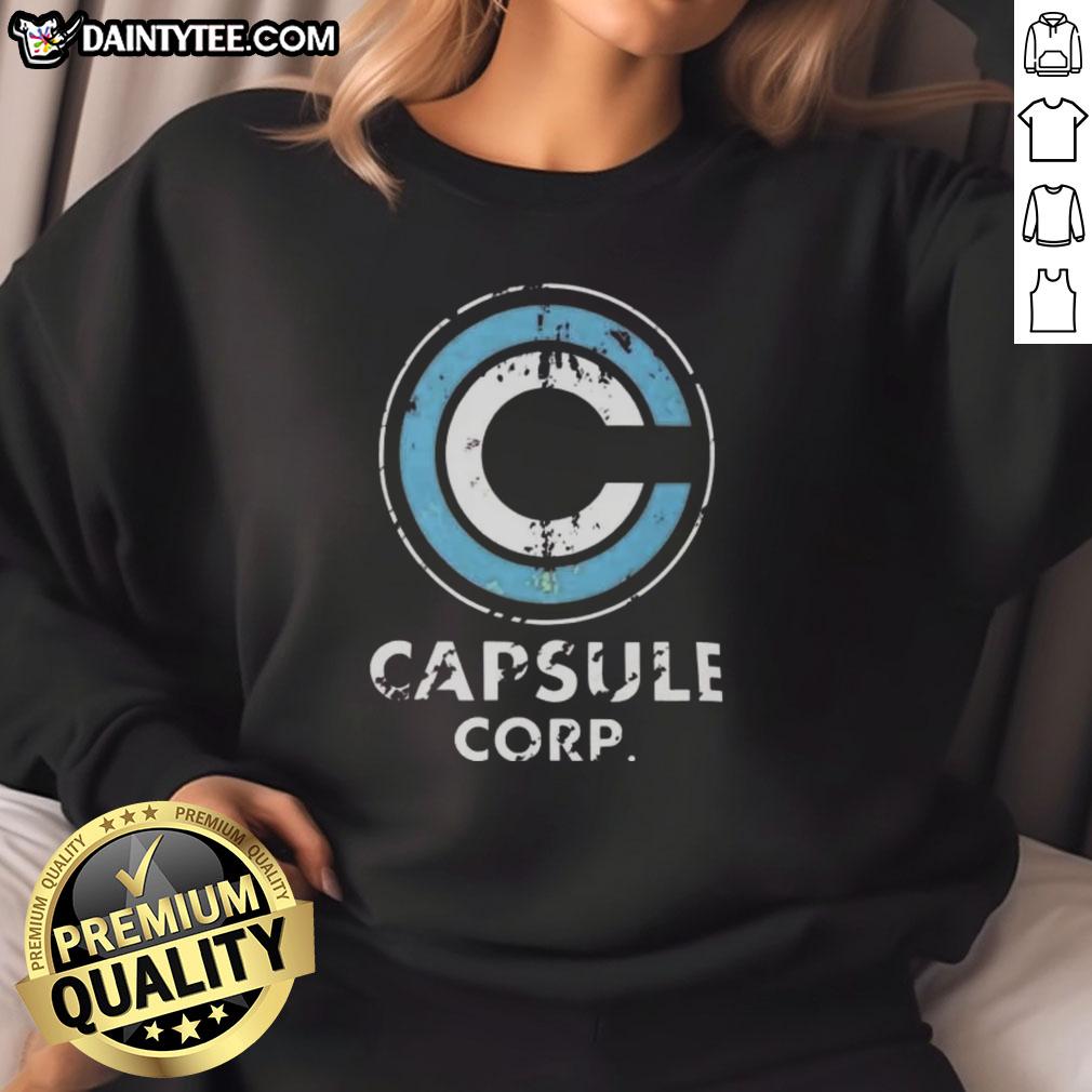 Alt Text: Distressed Capsule Corp. logo on a stylish Dragon Ball Z sweatshirt, perfect for anime fans and casual wear.