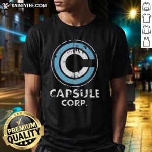 Nice Capsule Corp. distressed logo Dragon Ball Z T-shirt featuring iconic design for anime fans and collectors.