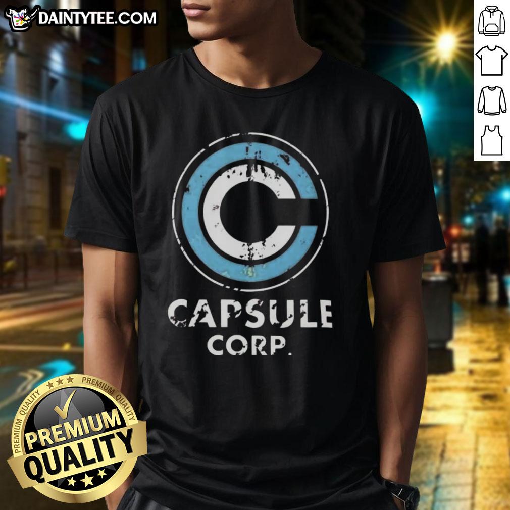 Nice Capsule Corp. distressed logo Dragon Ball Z T-shirt featuring iconic design for anime fans and collectors.