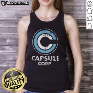 Distressed Capsule Corp. logo on a Dragon Ball Z tank top, perfect for fans of the anime series.