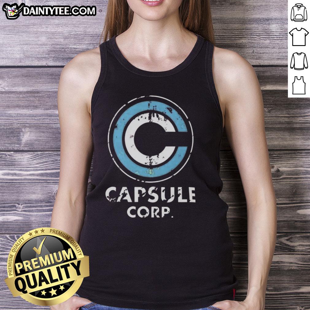 Distressed Capsule Corp. logo on a Dragon Ball Z tank top, perfect for fans of the anime series.