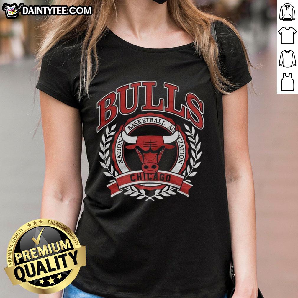 Alt Text: Retro Chicago Bulls NBA logo in laurel wreath frame on a ladies tee, perfect for basketball fans and stylish apparel.