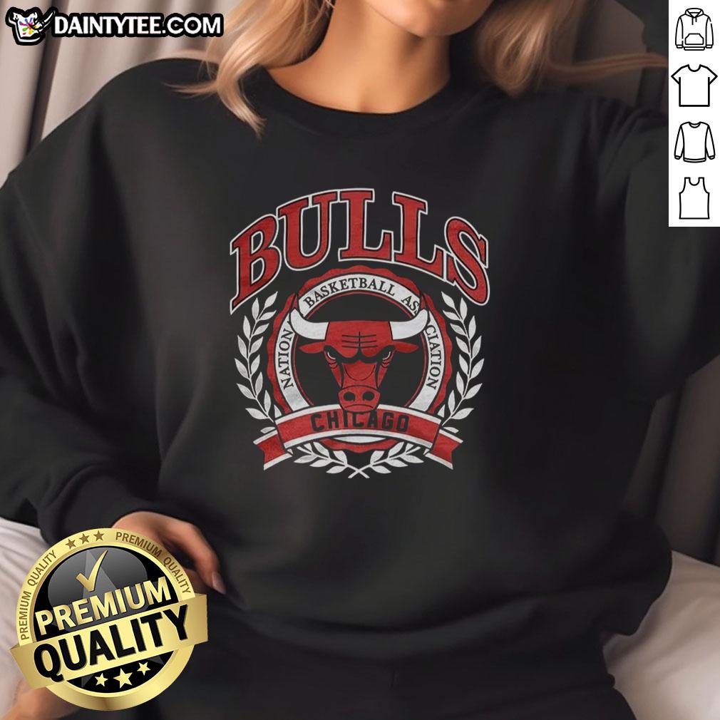 Alt Text: Retro Chicago Bulls NBA logo sweatshirt featuring a laurel wreath frame, perfect for basketball fans.