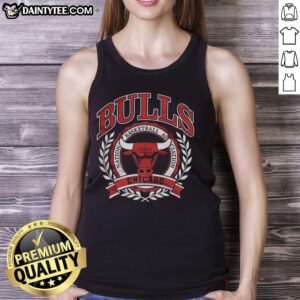 Retro Chicago Bulls NBA logo with laurel wreath frame on a stylish tank top, perfect for basketball fans.