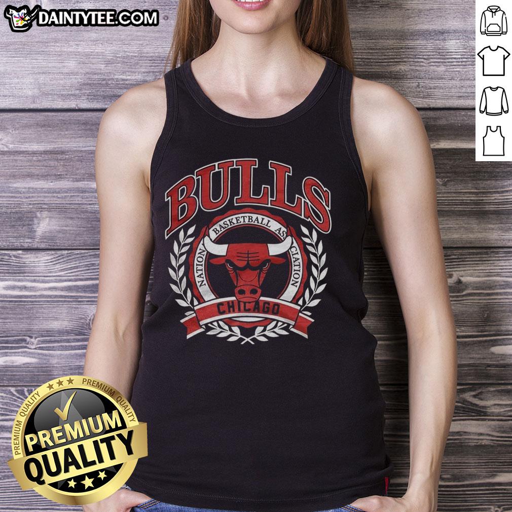Retro Chicago Bulls NBA logo with laurel wreath frame on a stylish tank top, perfect for basketball fans.