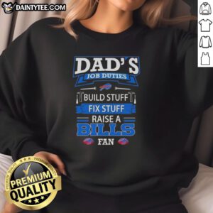 Alt Text: Cozy sweatshirt featuring 'Nice Dad's Job Duties: Build, Fix & Raise a Buffalo Bills Fan' design for football lovers.